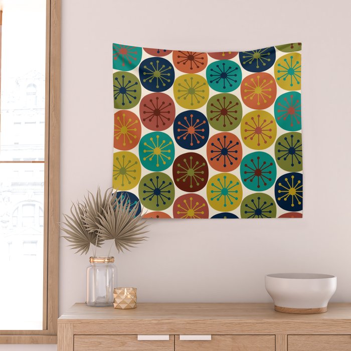 Atomic Dots Midcentury Modern Pattern in Mid Mod Colors on Cream  Wall Tapestry Gallery Image 2