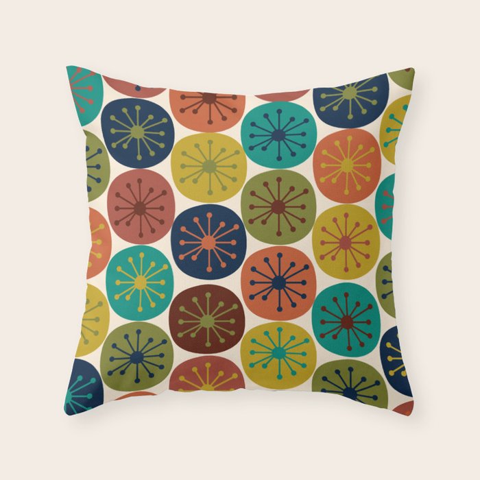 Atomic Dots Midcentury Modern Pattern in Mid Mod Colors on Cream  Throw Pillow Gallery Image 1