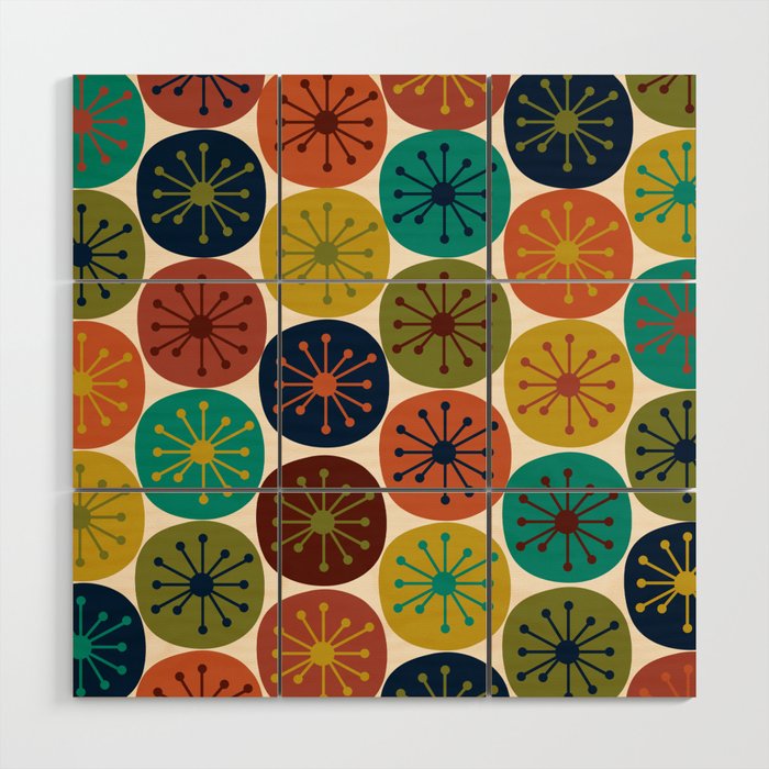 Atomic Dots Midcentury Modern Pattern in Mid Mod Colors on Cream  Wood Wall Art Gallery Image 1