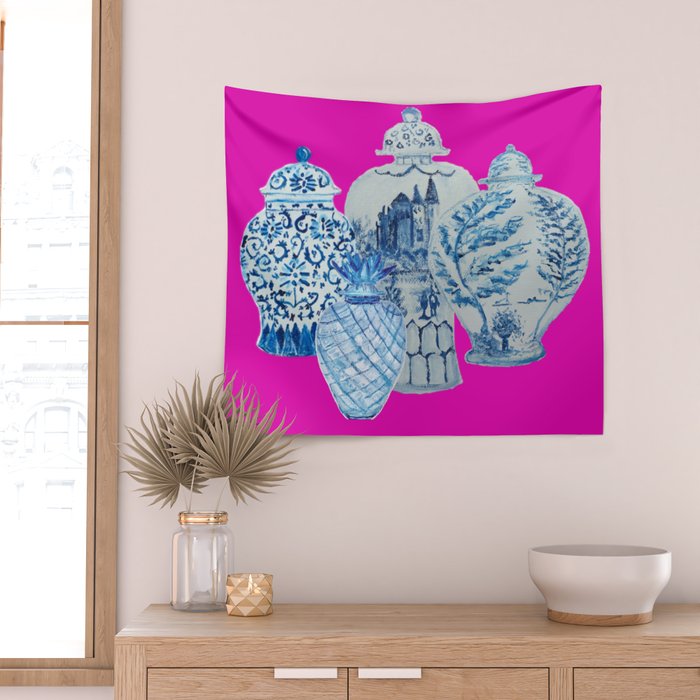 Hot Pink Blue and White Ginger Jars  Wall Tapestry Gallery Image 2