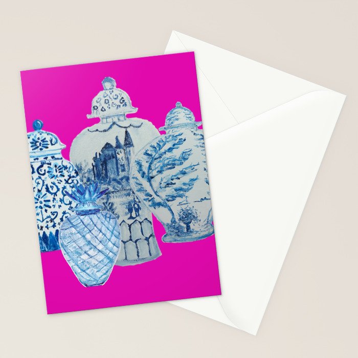 Hot Pink Blue and White Ginger Jars  Stationery Card Gallery Image 2