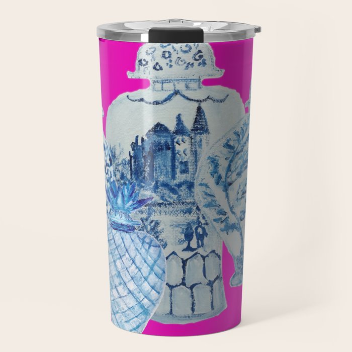 Hot Pink Blue and White Ginger Jars  Travel Mug Gallery Image 1
