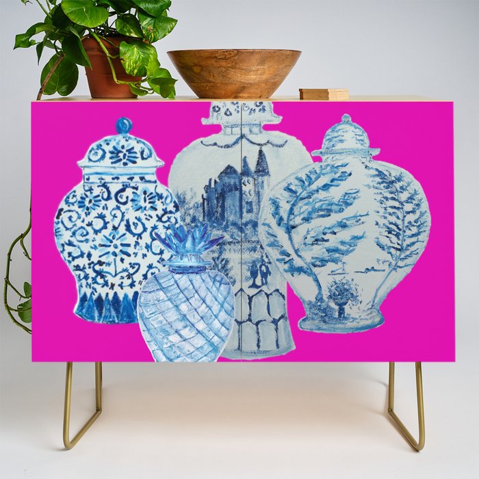 Hot Pink Blue and White Ginger Jars  Credenza Gallery Image 1