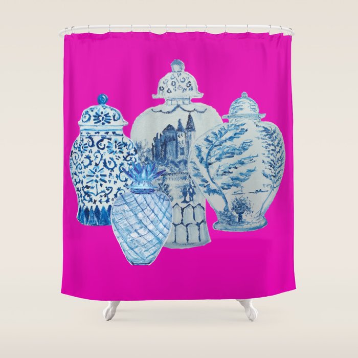 Hot Pink Blue and White Ginger Jars  Shower Curtain Gallery Image 1