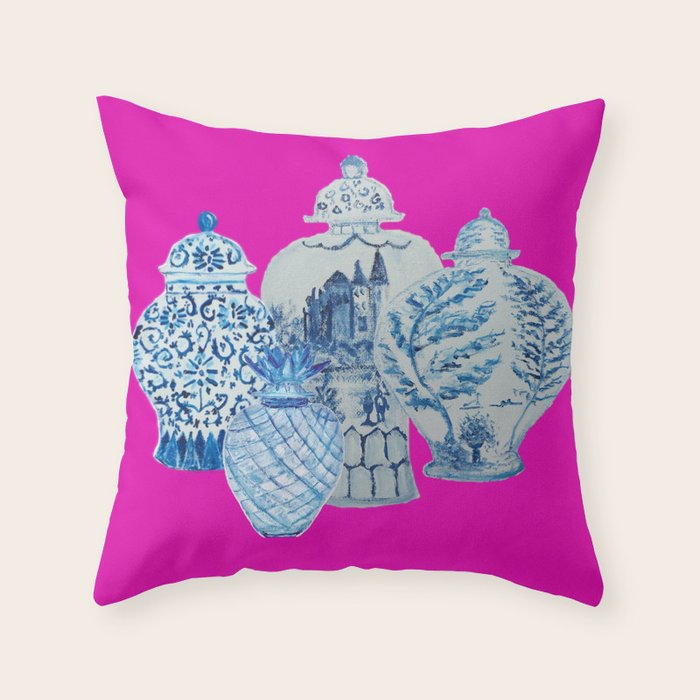 Hot Pink Blue and White Ginger Jars  Throw Pillow Gallery Image 6
