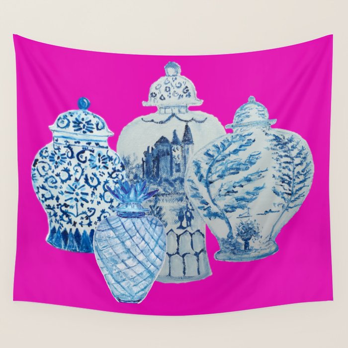 Hot Pink Blue and White Ginger Jars  Wall Tapestry Gallery Image 1