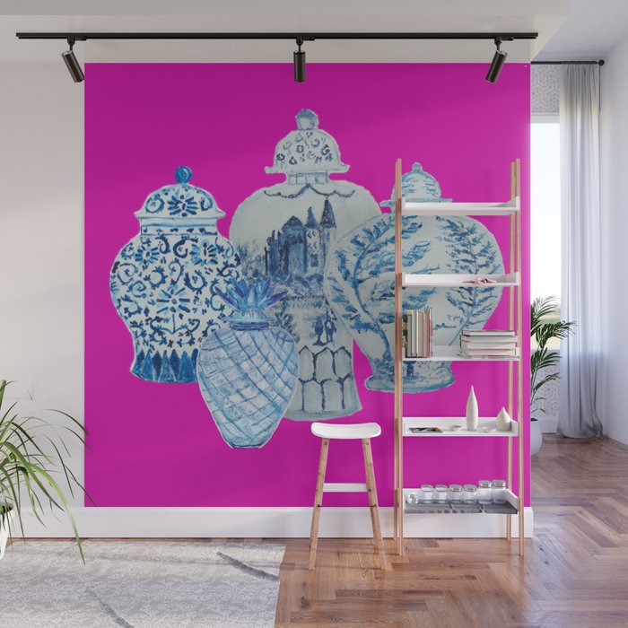 Hot Pink Blue and White Ginger Jars  Wall Mural Gallery Image 1
