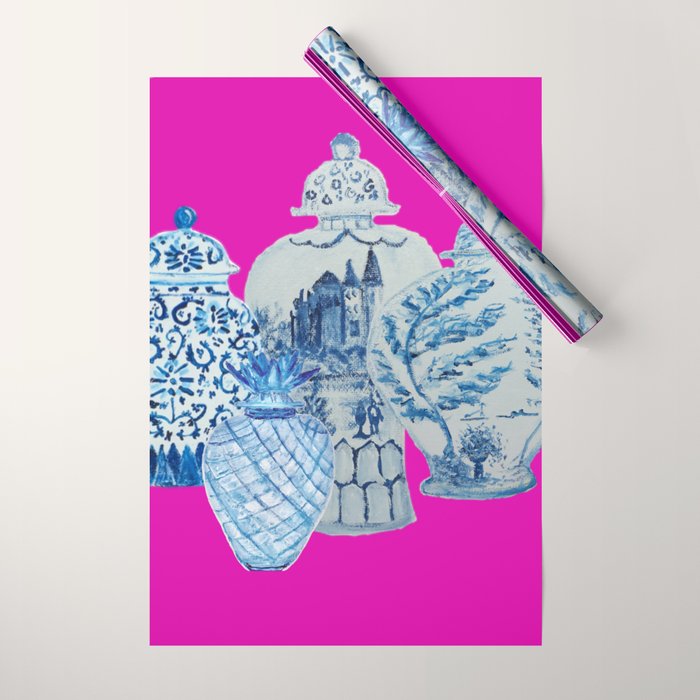 Hot Pink Blue and White Ginger Jars  Wrapping Paper Gallery Image 1