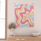 Retro Liquid Swirl Abstract Pattern Blush Pink Mustard Aqua Wall Tapestry Gallery Image 2