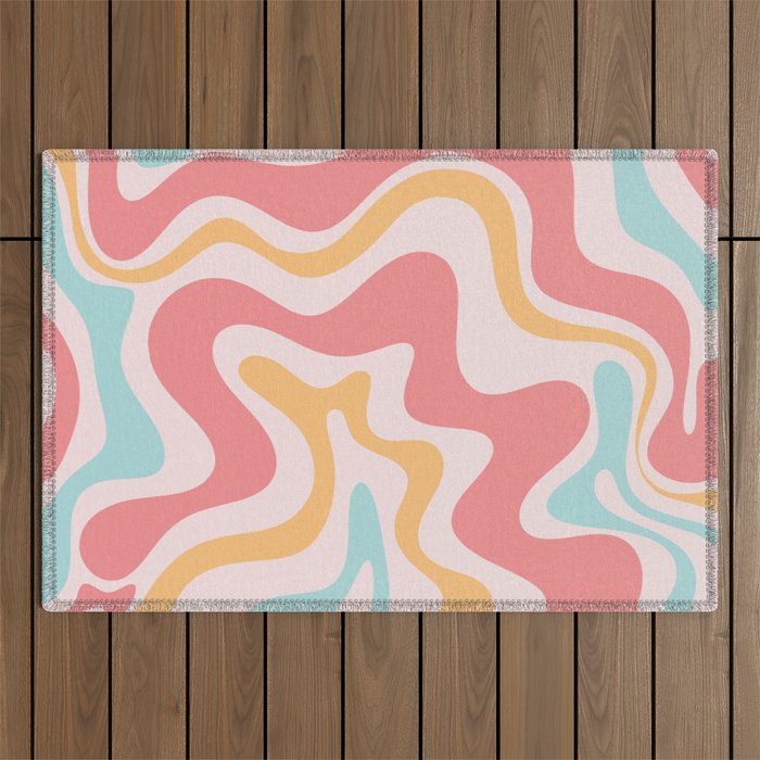 Retro Liquid Swirl Abstract Pattern Blush Pink Mustard Aqua Outdoor Rug Gallery Image 1