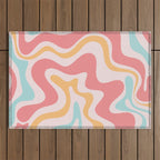 Retro Liquid Swirl Abstract Pattern Blush Pink Mustard Aqua Outdoor Rug Gallery Image 1