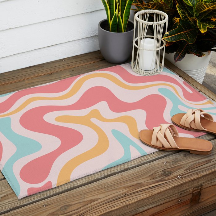 Retro Liquid Swirl Abstract Pattern Blush Pink Mustard Aqua Outdoor Rug Gallery Image 2