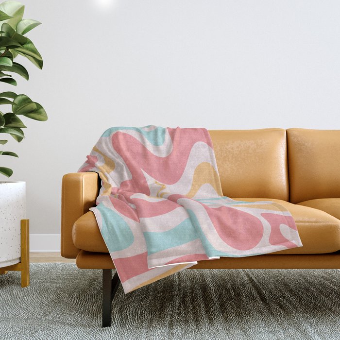 Retro Liquid Swirl Abstract Pattern Blush Pink Mustard Aqua Throw Blanket Gallery Image 1