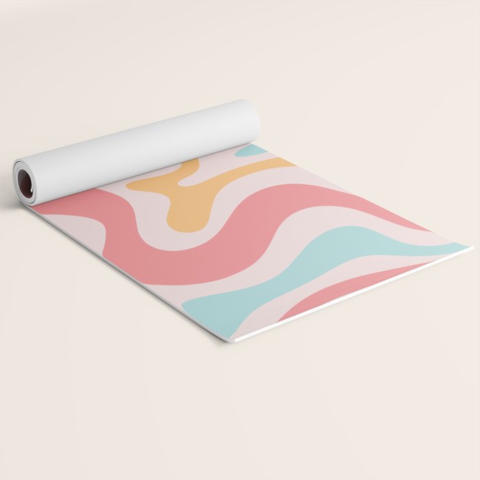 Retro Liquid Swirl Abstract Pattern Blush Pink Mustard Aqua Yoga Mat Gallery Image 2