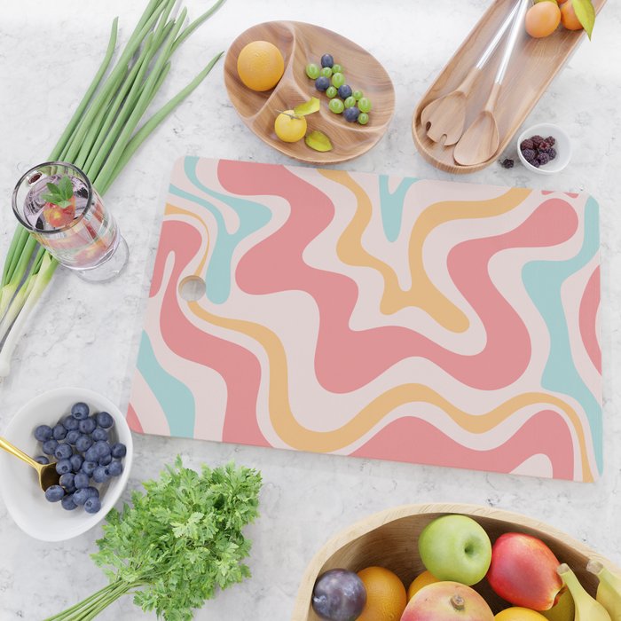 Retro Liquid Swirl Abstract Pattern Blush Pink Mustard Aqua Cutting Board Gallery Image 2