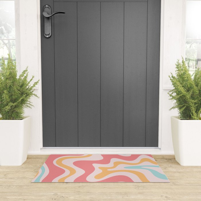 Retro Liquid Swirl Abstract Pattern Blush Pink Mustard Aqua Welcome Mat Gallery Image 3