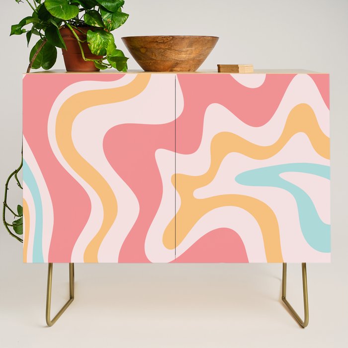 Retro Liquid Swirl Abstract Pattern Blush Pink Mustard Aqua Credenza Gallery Image 1