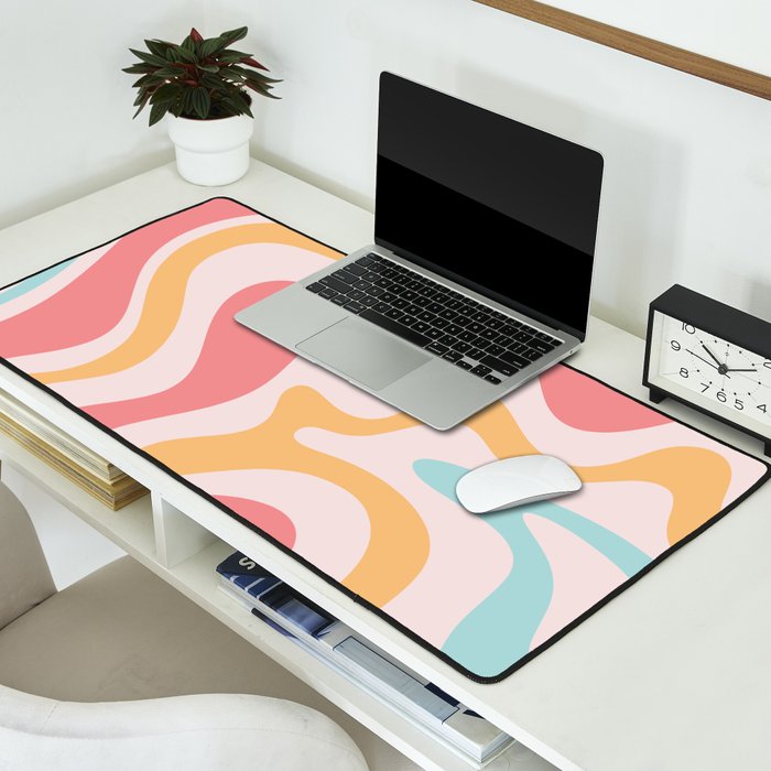Retro Liquid Swirl Abstract Pattern Blush Pink Mustard Aqua Desk Mat Gallery Image 2