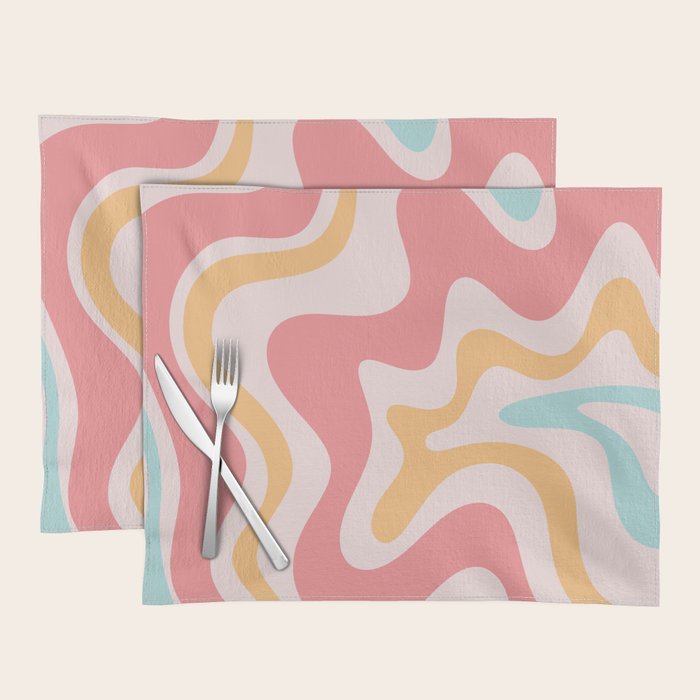 Retro Liquid Swirl Abstract Pattern Blush Pink Mustard Aqua Placemat Gallery Image 1