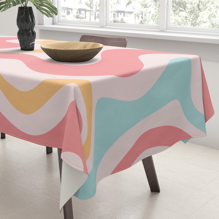 Retro Liquid Swirl Abstract Pattern Blush Pink Mustard Aqua Tablecloth Gallery Image 3