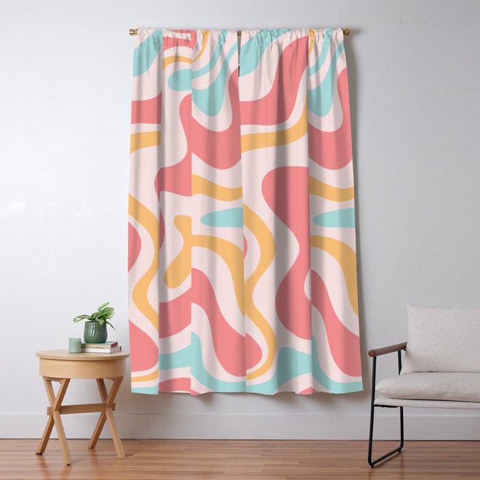 Retro Liquid Swirl Abstract Pattern Blush Pink Mustard Aqua Window Curtain Gallery Image 1
