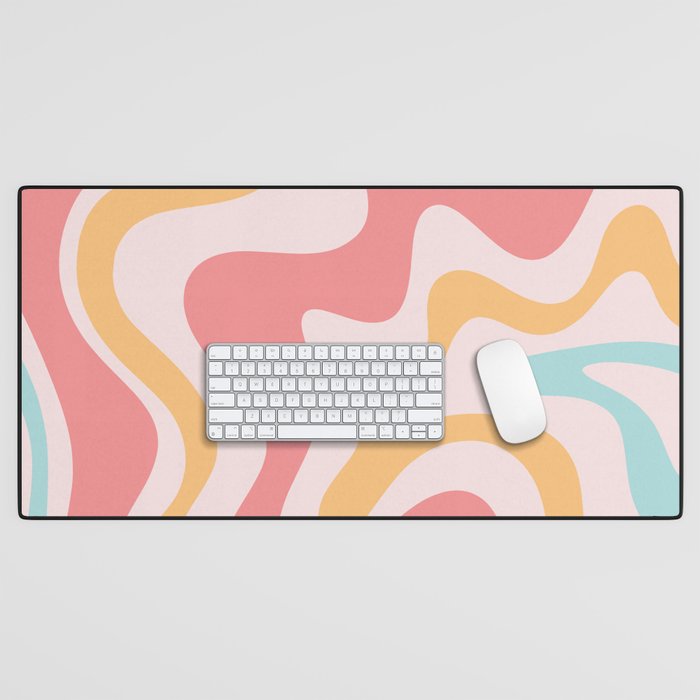 Retro Liquid Swirl Abstract Pattern Blush Pink Mustard Aqua Desk Mat Gallery Image 1