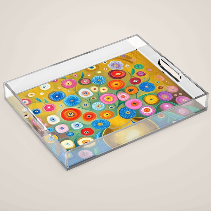 Many Abstract Flowers in a Gold Vase Acrylic Tray Gallery Image 1