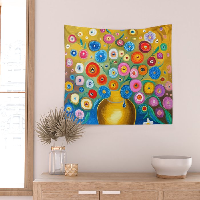 Many Abstract Flowers in a Gold Vase Wall Tapestry Gallery Image 2