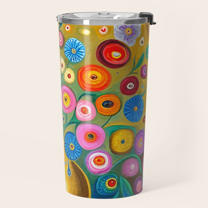 Many Abstract Flowers in a Gold Vase Travel Mug Gallery Image 2