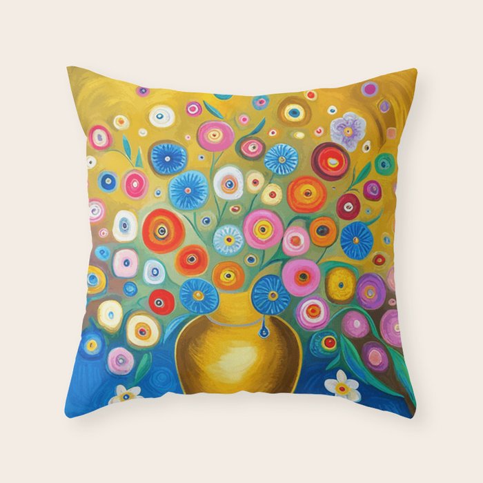 Many Abstract Flowers in a Gold Vase Throw Pillow Gallery Image 6