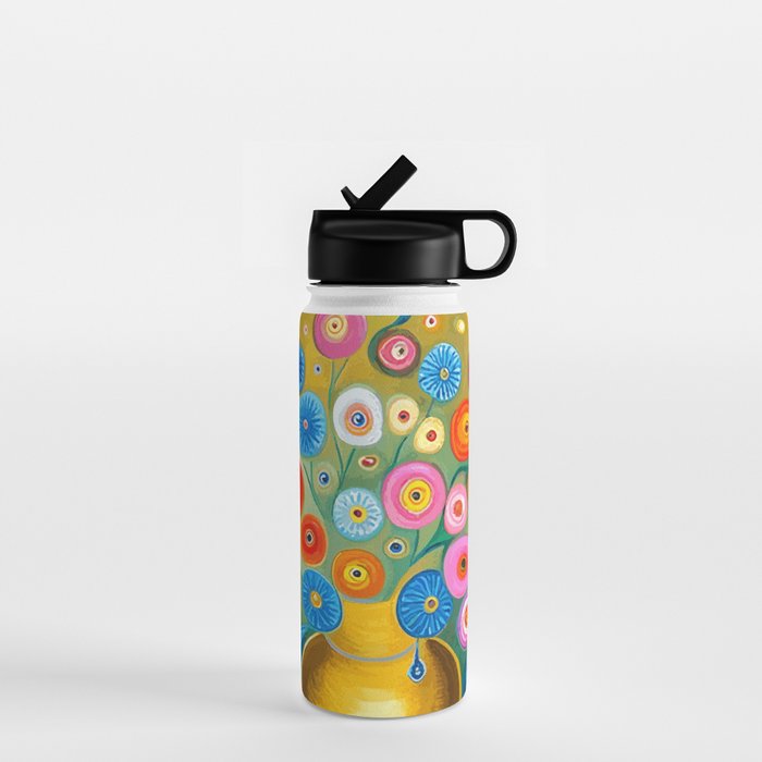 Many Abstract Flowers in a Gold Vase Water Bottle Gallery Image 1
