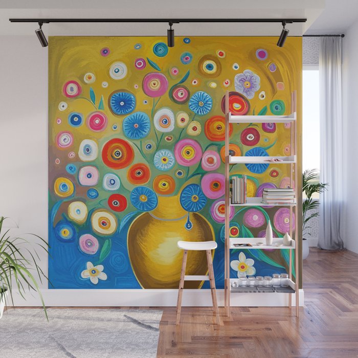 Many Abstract Flowers in a Gold Vase Wall Mural Gallery Image 1
