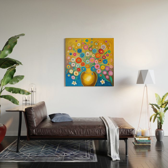 Many Abstract Flowers in a Gold Vase Wood Wall Art Gallery Image 2