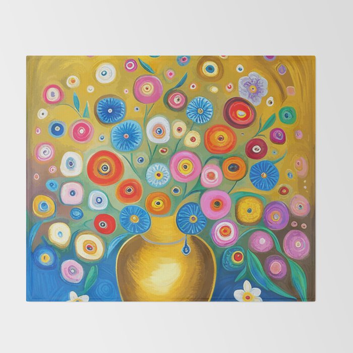Many Abstract Flowers in a Gold Vase Throw Blanket Gallery Image 2