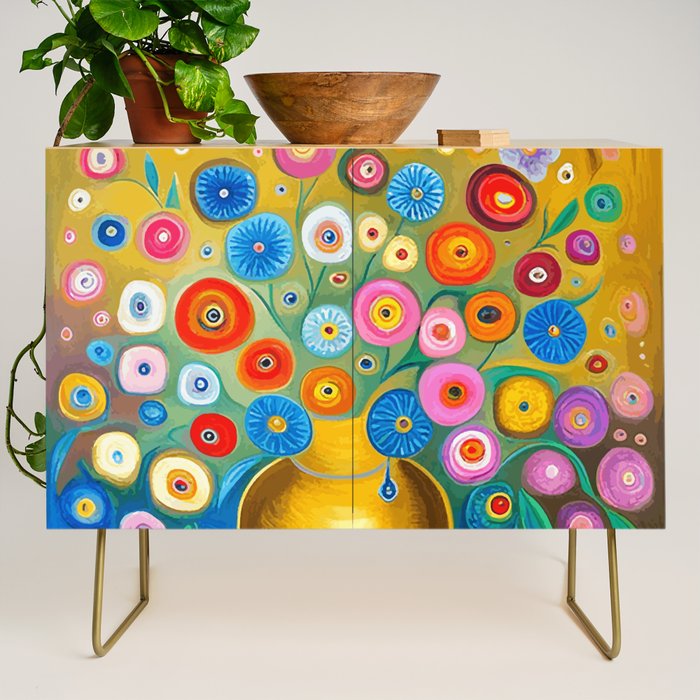 Many Abstract Flowers in a Gold Vase Credenza Gallery Image 1