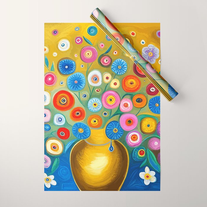 Many Abstract Flowers in a Gold Vase Wrapping Paper