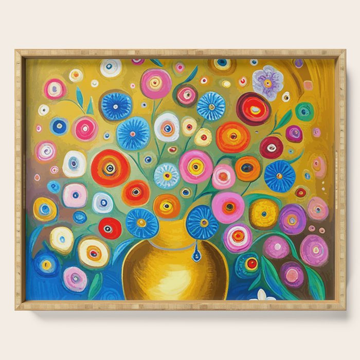 Many Abstract Flowers in a Gold Vase Serving Tray Gallery Image 1