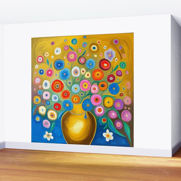 Many Abstract Flowers in a Gold Vase Wall Mural Gallery Image 2