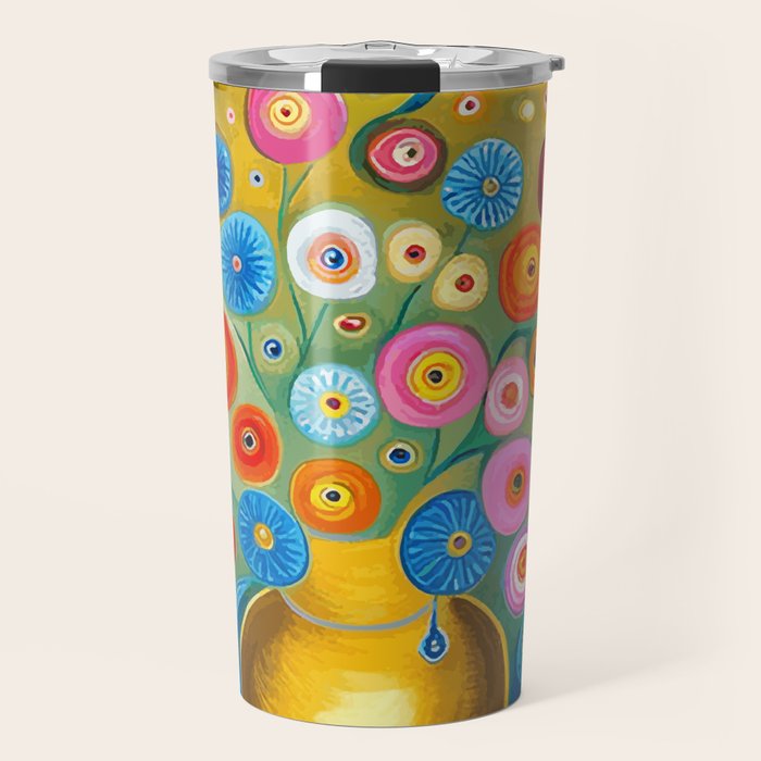Many Abstract Flowers in a Gold Vase Travel Mug Gallery Image 1