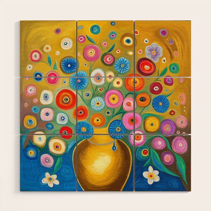 Many Abstract Flowers in a Gold Vase Wood Wall Art Gallery Image 1