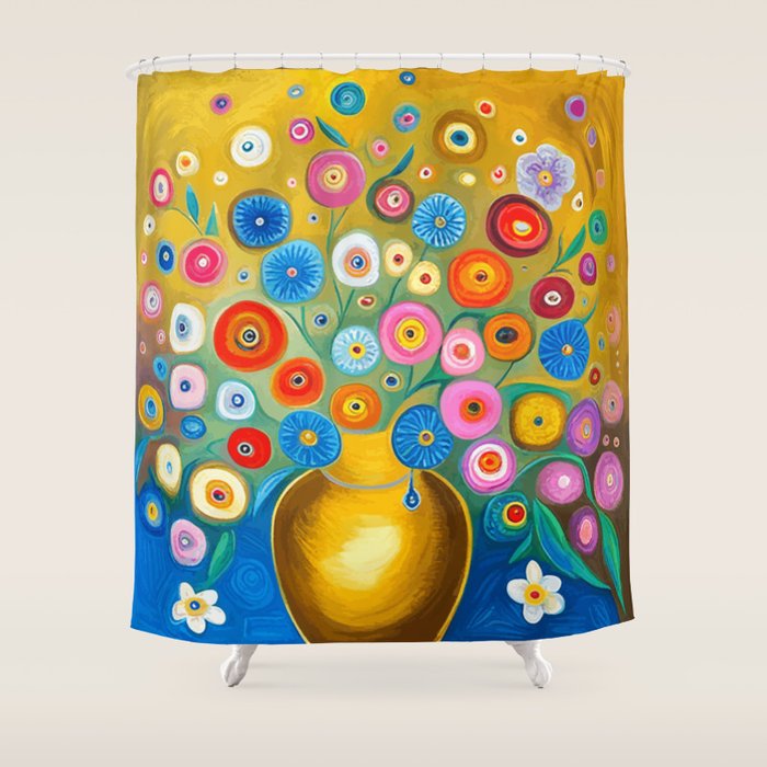 Many Abstract Flowers in a Gold Vase Shower Curtain Gallery Image 1