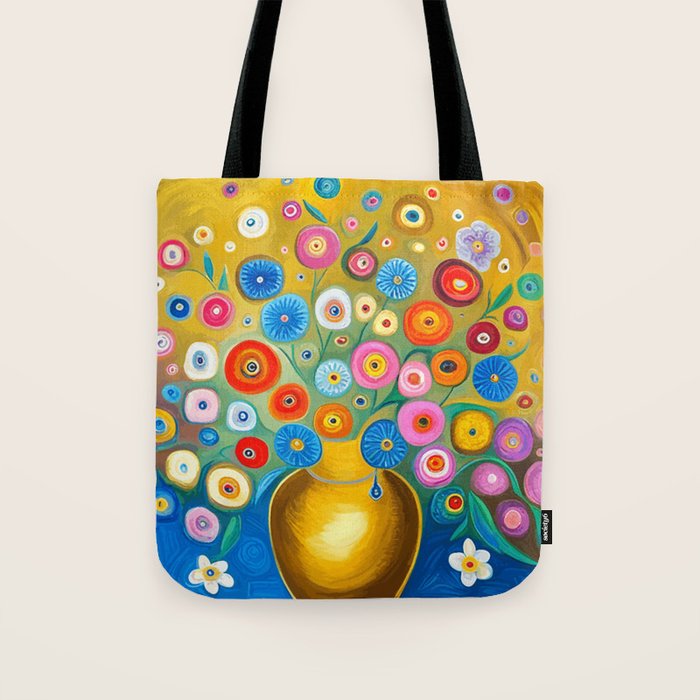 Many Abstract Flowers in a Gold Vase Tote Bag Gallery Image 1