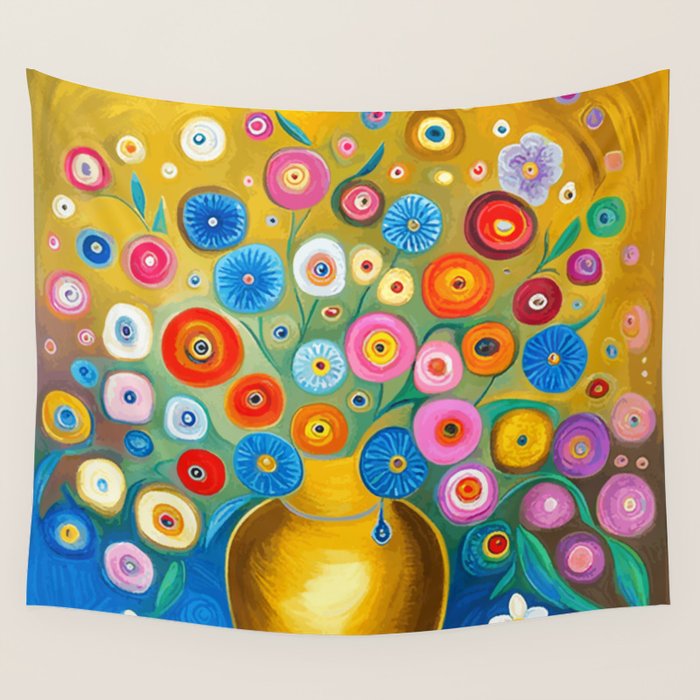 Many Abstract Flowers in a Gold Vase Wall Tapestry Gallery Image 4