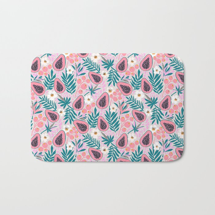 Tropical Pastel Papayas and Vibrant Palm Leaves Bath Mat Gallery Image 1