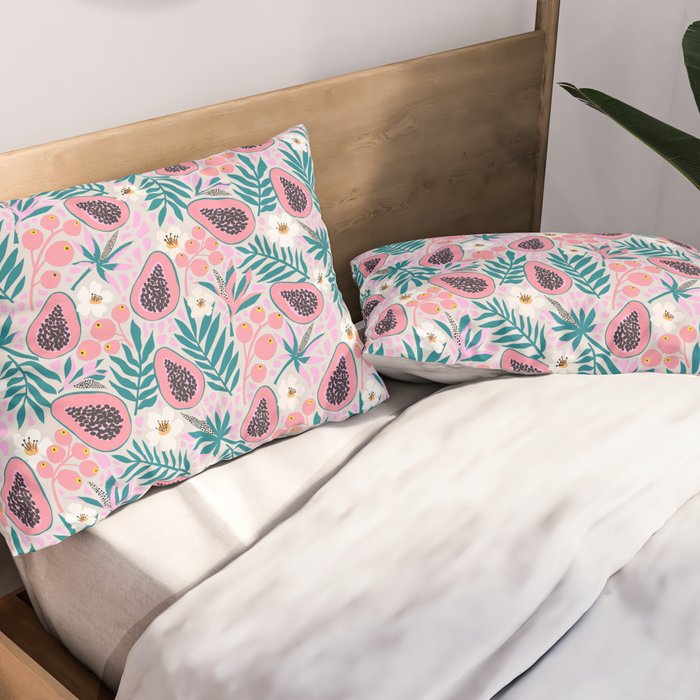 Tropical Pastel Papayas and Vibrant Palm Leaves Pillow Sham Gallery Image 2