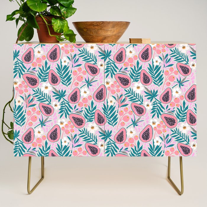 Tropical Pastel Papayas and Vibrant Palm Leaves Credenza Gallery Image 1