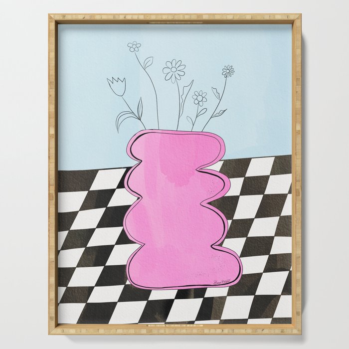 Pink Wavy Vase with Checkerboard Pattern Serving Tray Gallery Image 1