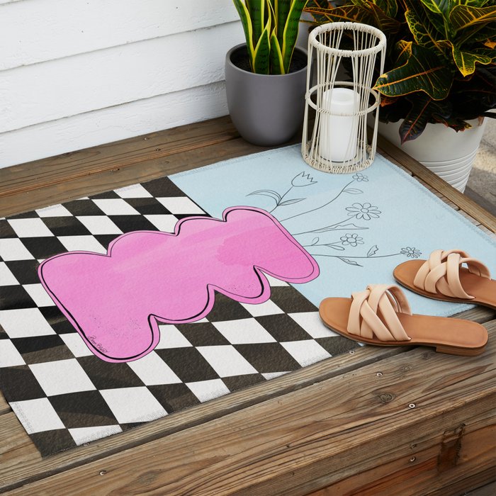 Pink Wavy Vase with Checkerboard Pattern Outdoor Rug Gallery Image 2