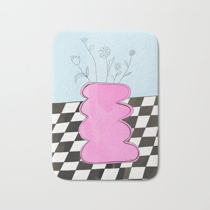 Pink Wavy Vase with Checkerboard Pattern Bath Mat Gallery Image 1