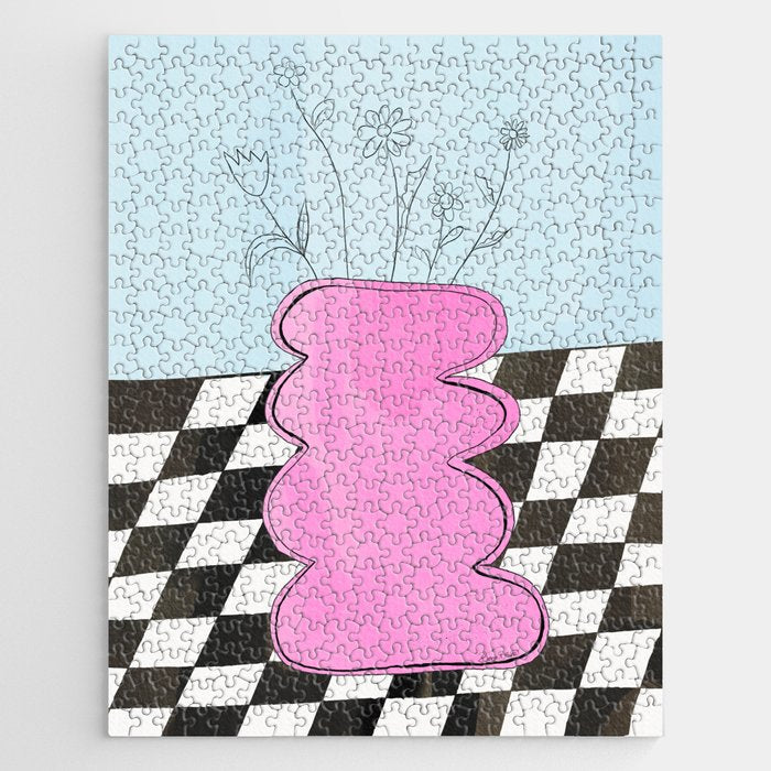 Pink Wavy Vase with Checkerboard Pattern Jigsaw Puzzle Gallery Image 1